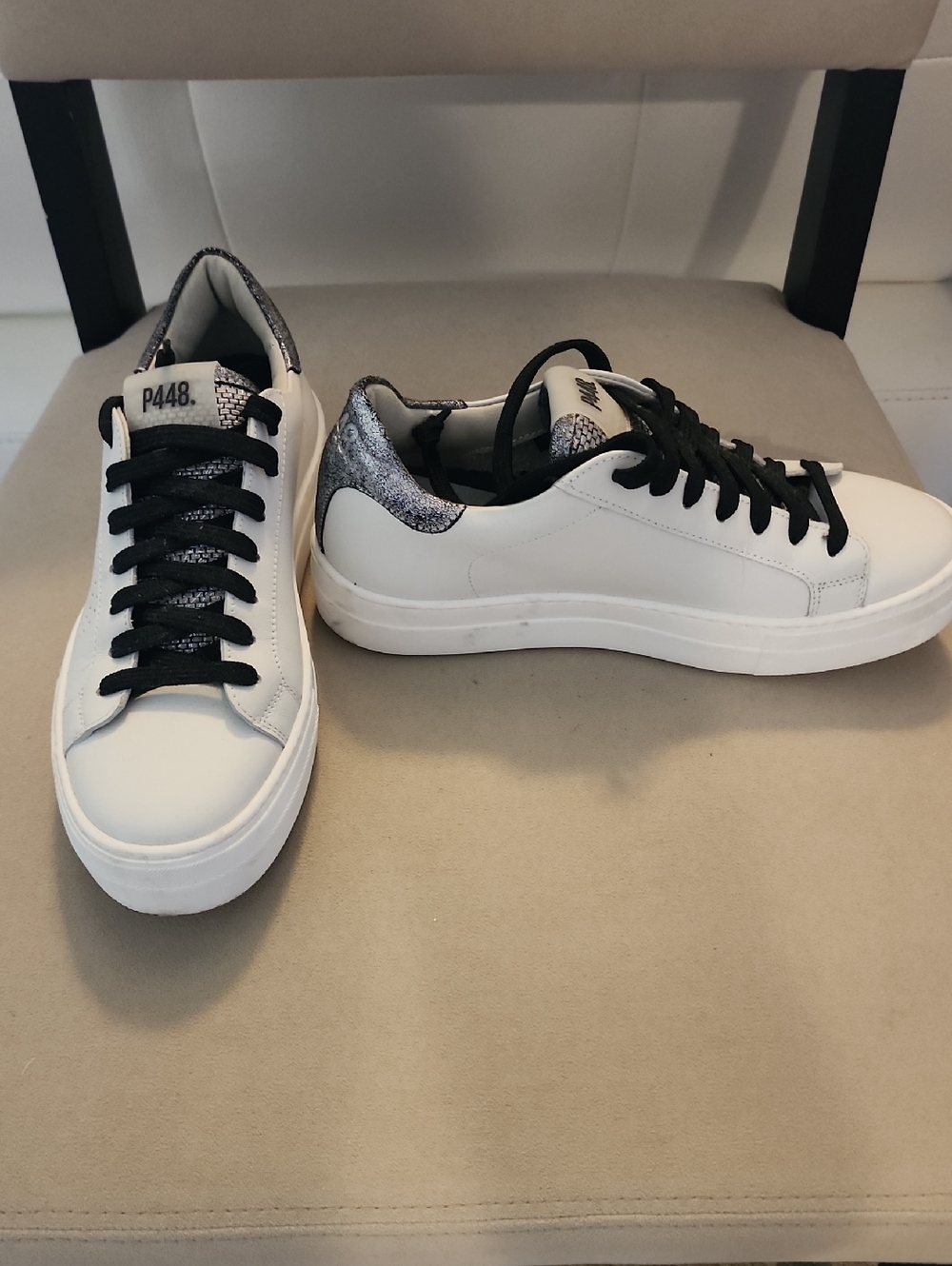 P448 White Leather Low-Top Sneakers with Black Laces Size 38